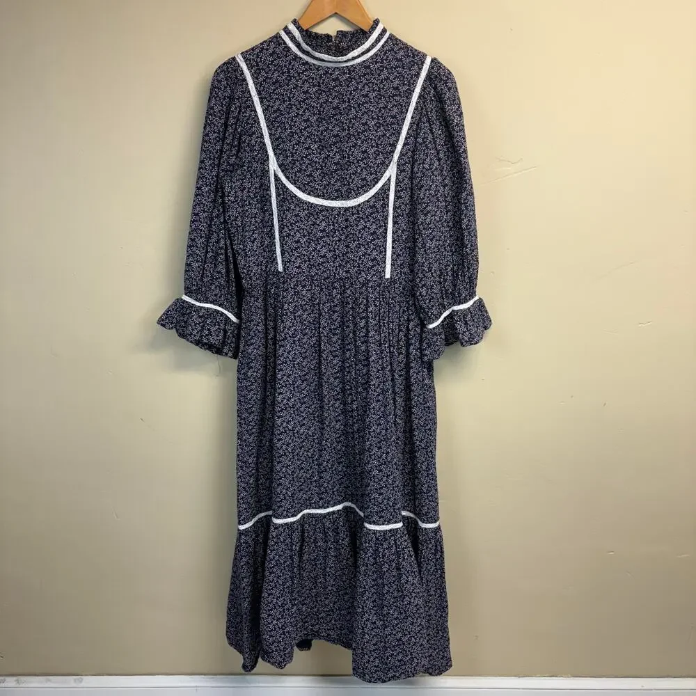 Anthropologie Meadows Amaryllis Blue White Floral Peasant Boho Dress Size 6 - Picture 5 of 7